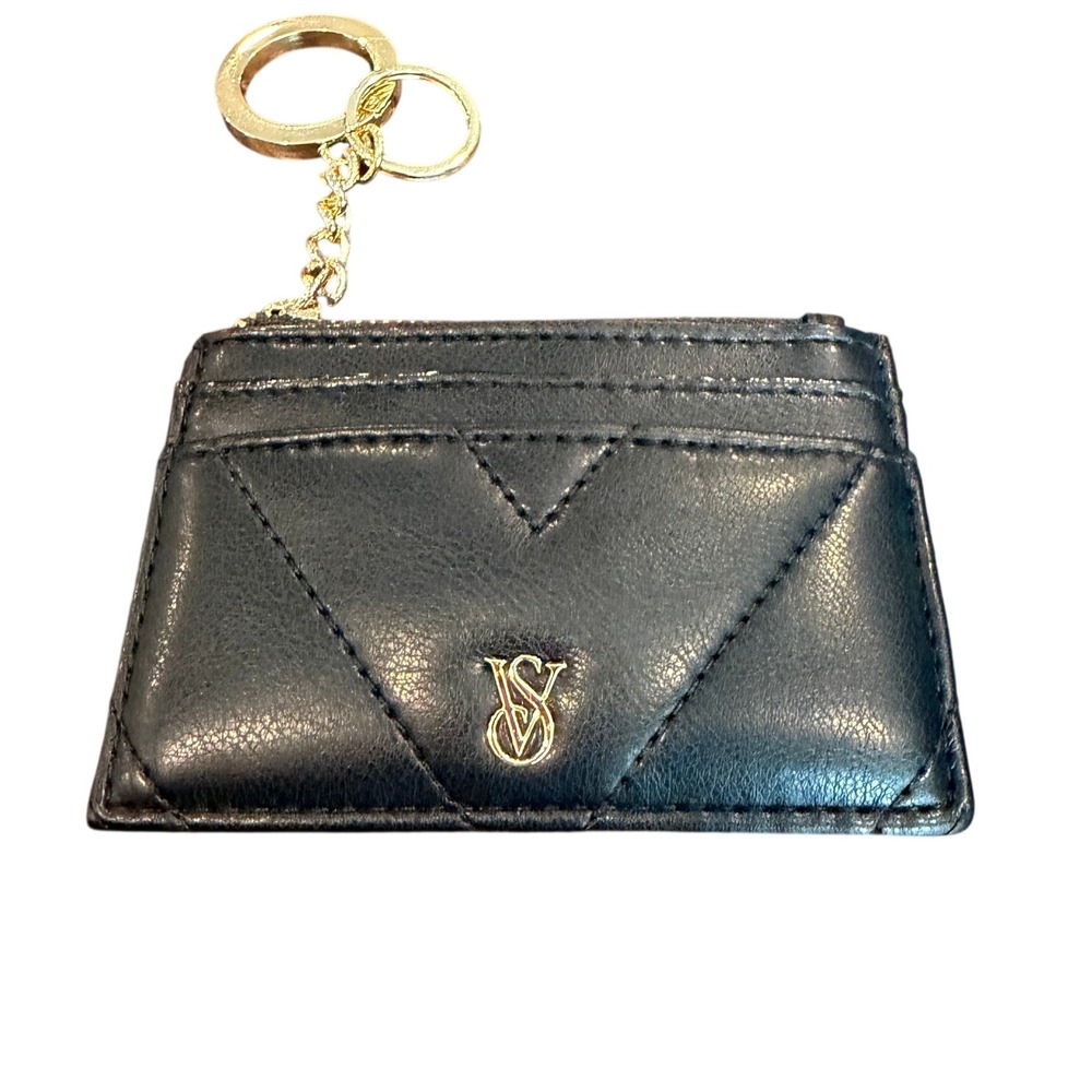 Victorias Secret Black Quilted V-Stitch Card Case‎ Keychain Gold Hardware NWOT